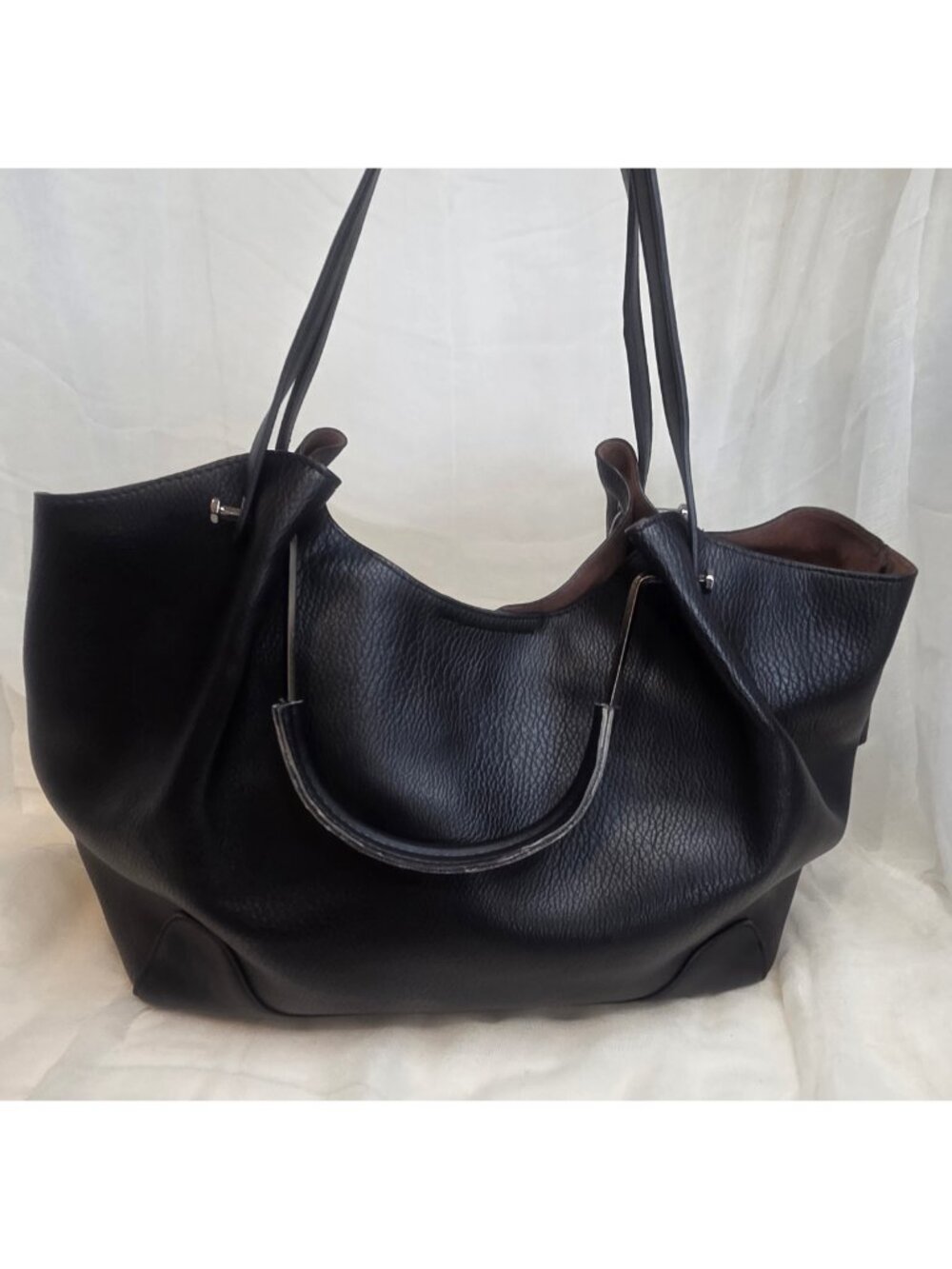SR Squared by Sondra Roberts Black Vegan Leather Tote Shoulder Bag Purse - Picture 7 of 14
